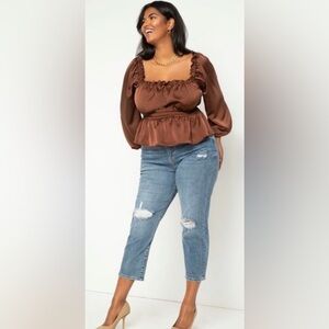 Eloquii Brown Satin Smocked Peplum Top - Women